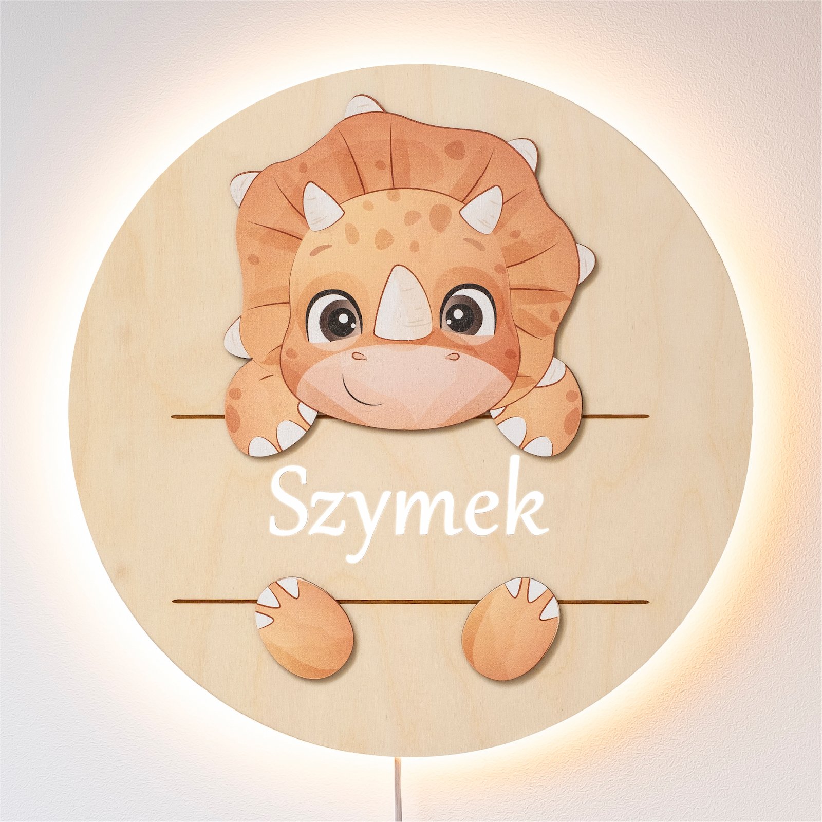 Drewniana lampka nocna z imieniem - Dinozaur Triceratops