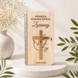 Pamiątka komunijna pudełko na pieniądze złoty krzyż