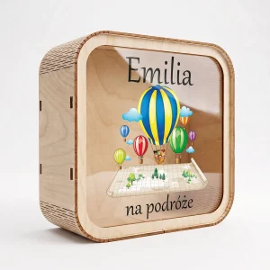 Skarbonka na podróże – balony nad mapą, przód